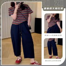 批发夏装搭配一整套装时尚设计感条纹薄款短袖t恤高腰宽松显瘦<b class='q'>九分裤</b>