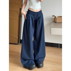 批发美式复古藏青色抽绳褶皱卫<b class='q'>裤</b>女春2026新款低腰宽松垂感阔<b class='q'>腿</b>运动<b class='q'>裤</b>