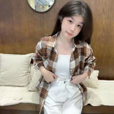 批发复古chic高档卡其色格子衬衫外套女秋冬款韩系慵懒风<b class='q'>长袖</b>衬衣外穿