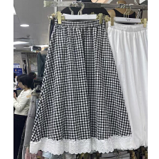 批发气质格子蕾丝拼接中长款裙子女2026春夏新款显瘦a字仙女半身裙