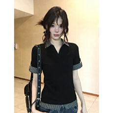 批发韩系polo领短袖t恤女夏季<b class='q'>假两件</b>设计感小众修身<b class='q'>上衣</b>