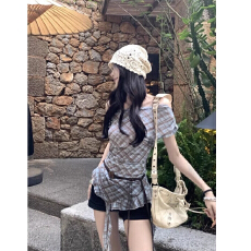 批发有腰带不规则飘带格子网纱<b class='q'>短袖</b><b class='q'>T</b><b class='q'>恤</b>女夏收腰显瘦露肩复古上衣