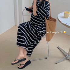 批发夏季<b class='q'>小香风</b>条纹<b class='q'>连衣裙</b>女韩版宽松休闲T恤宽松长裙