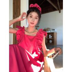 批发孕妇装玫红色小飞袖方领<b class='q'>连衣裙</b>女夏季宽松显瘦长裙甜美海边裙子女