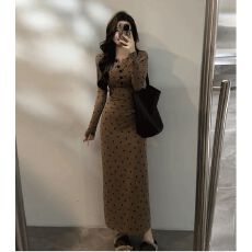 批发2026法式时尚性感新款长袖春季修身显瘦植绒印花蝴蝶结<b class='q'>连衣裙</b>裙子