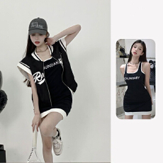批发网红爆款纯欲风辣妹短袖<b class='q'>棒球</b>服<b class='q'>外套</b>连衣裙两件套装女春夏