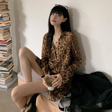 批发港风高级感豹纹雪纺衬衫女秋别致微透薄款<b class='q'>宽松</b>开衫外套