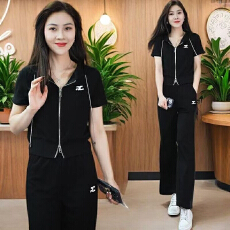 批发2026年夏季新款连帽短袖运动服<b class='q'>套装</b>女休闲直筒阔腿裤两件套