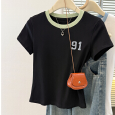 批发撞色圆领短袖<b class='q'>T</b><b class='q'>恤</b>女夏季新款修身韩版内搭打底衫设计感上衣服