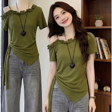 批发大码斜肩短袖女2026年新款夏季收腰<b class='q'>不规则</b>上衣