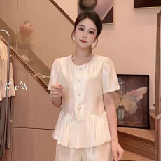 批发2026春夏新款荷叶边拼接珠光缎面短袖上衣女气质减龄