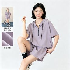 批发休闲短袖T恤半拉链连帽上衣加修身<b class='q'>显瘦</b>宽松<b class='q'>运动</b>短裤两件套