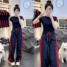 批发夏季新款<b class='q'>韩版</b>洋气<b class='q'>运动服</b>套装女薄款短袖圆领T恤直筒裤
