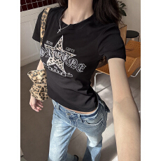 批发<b class='q'>街头</b>甜酷风豹纹星星刺绣正肩短袖T恤女夏季辣妹修身显瘦