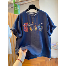 批发夏季新款宽松休闲百搭<b class='q'>胖妹妹</b>240斤特大码卡通刺绣宽松短袖T恤