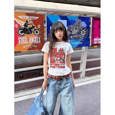 批发美式个性<b class='q'>街头</b>vintage纯欲正肩短袖t恤女夏季个性印花百搭修身