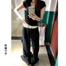 美式复古腰部抽绳格子休闲裤早春宽松直筒垂感个性情侣