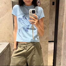 韩系蓝色复古辣妹多巴胺美式印花正肩短袖T恤夏修身设计