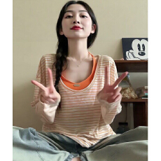 宽松慵懒条纹防晒罩衫女夏橙色挂脖内搭吊带上衣两件套