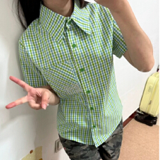批发学院风格纹Polo领衬衫女短袖修身设计感小众