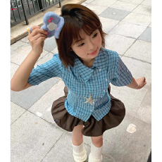 批发美式高街不规则蓝色格子短袖<b class='q'>衬衫</b>女<b class='q'>修身</b>设计感小众显瘦