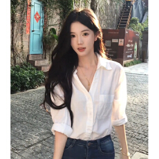批发时尚气质女秋季法式休闲<b class='q'>白色</b>polo领长袖<b class='q'>衬衫</b>
