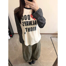批发美式复古学院风印花小狗条纹插肩长袖T恤女秋季宽松拼接慵懒