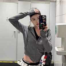 批发美式复古双头拉链开衫修身连帽卫衣秋显瘦短款外套