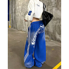 批发美式复古蓝色阔腿裤男女宽松垂感<b class='q'>休闲</b>长裤抽绳渐变弯刀