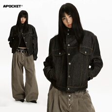 批发美式复古立领牛仔服夹克男女秋季宽松百搭短款工装外套老钱风