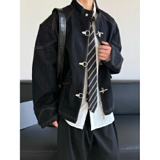 批发黑色设计感飞机扣<b class='q'>牛仔外</b><b class='q'>套男</b>女秋季明线解构百搭宽松拉链立领