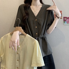 批发大码女装纯色设计感系带收腰衬衫夏季胖mm显瘦遮肚子休闲短袖上衣