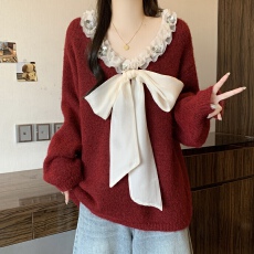 批发法式蝴蝶结花边V领红色毛衣女秋冬大码<b class='q'>胖</b><b class='q'>mm</b><b class='q'>独特</b>超好看针织衫上衣