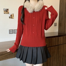 批发圣诞过年红色毛领正肩毛衣女2025秋冬新款大码<b class='q'>胖</b><b class='q'>mm</b><b class='q'>针织</b>打底衫上衣