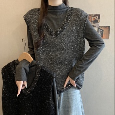 批发大码女装V领镶钻亮片毛衣背心高领两件套秋冬百搭针织上衣T恤套装