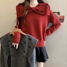 批发大码女装红色长袖针织毛衣女装冬季蝴蝶结设计感打底衫内搭上衣