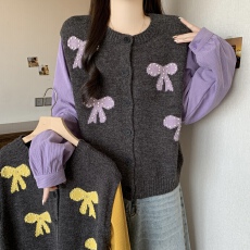 批发大码女装蝴蝶结钉珠毛衣背心衬衫两件套女学院风马甲衬衣套装潮