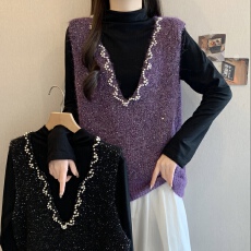 批发高级感亮闪闪钉珠V领马甲女2026大码胖mm巨显瘦叠穿两件套