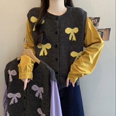 批发大码女装蝴蝶结钉珠毛衣背心衬衫两件套女学院风马甲衬衣套装潮