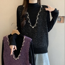 批发高级感亮闪闪钉珠V领马甲女2026大码胖mm巨显瘦叠穿两件套