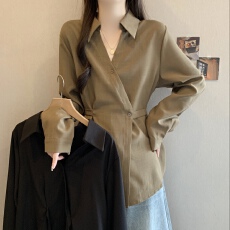 批发法式气质V领绑带收腰衬衫女春季大码胖mm显瘦遮肚设计感小衫上衣