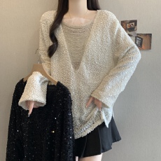 批发大码女装辣妹风V领串珠亮闪闪设计感显瘦百搭洋气性感别致上衣女