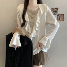 批发大码女装法式气质波浪边V领缎面长袖衬衫女胖MM宽松显瘦百搭上衣