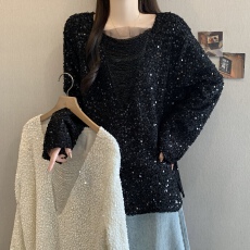 批发大码女装辣妹风V领串珠亮闪闪设计感显瘦百搭洋气性感别致上衣女