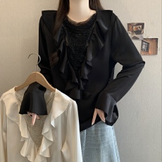 批发大码女装法式气质波浪边V领缎面长袖衬衫女胖MM宽松显瘦百搭上衣