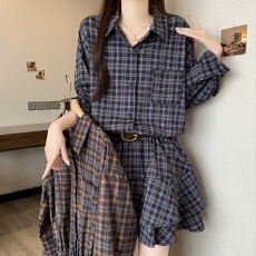 批发<b class='q'>大码</b>女装学院风气质格纹长袖衬衫裙女秋季新款收腰格子中长款衬衣