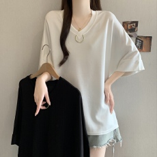 批发大码女装大版宽松短袖<b class='q'>t</b><b class='q'>恤</b>女夏季下衣失踪中长款松弛感<b class='q'>V领</b>上衣