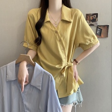 批发超好看V领白色短袖衬衫女2026夏新款大码胖mm绑带收腰不规则上衣