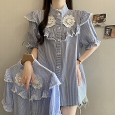 批发独特漂亮法式立体花朵条纹短袖衬衫女夏季大码胖mm宽松遮肚子上衣