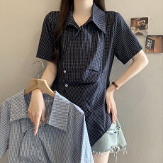 批发大码2026夏新款复古格子衬衫女好看独特气质上衣收腰小众短袖衬衣